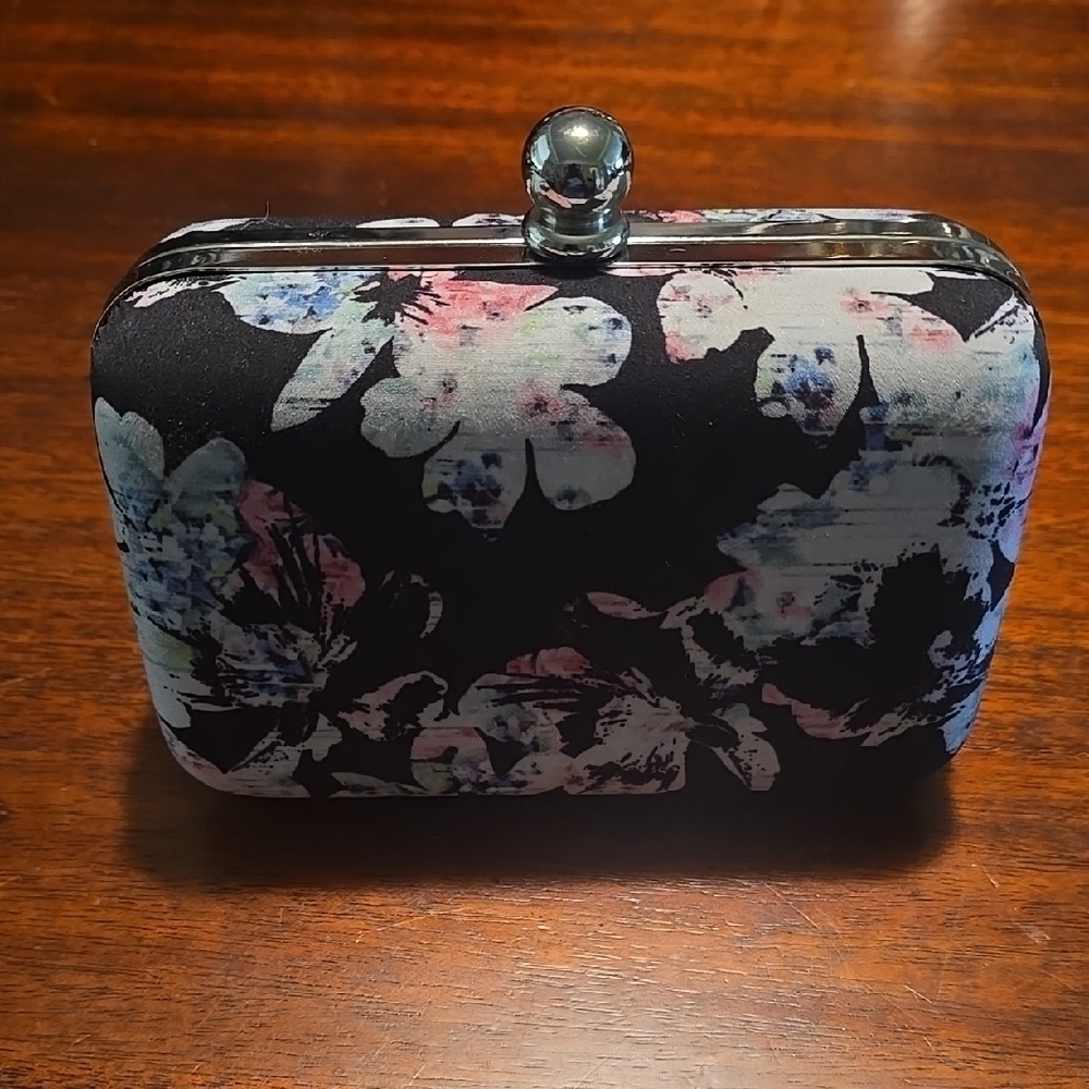 White House Black Market Black and Pink Floral Clutch